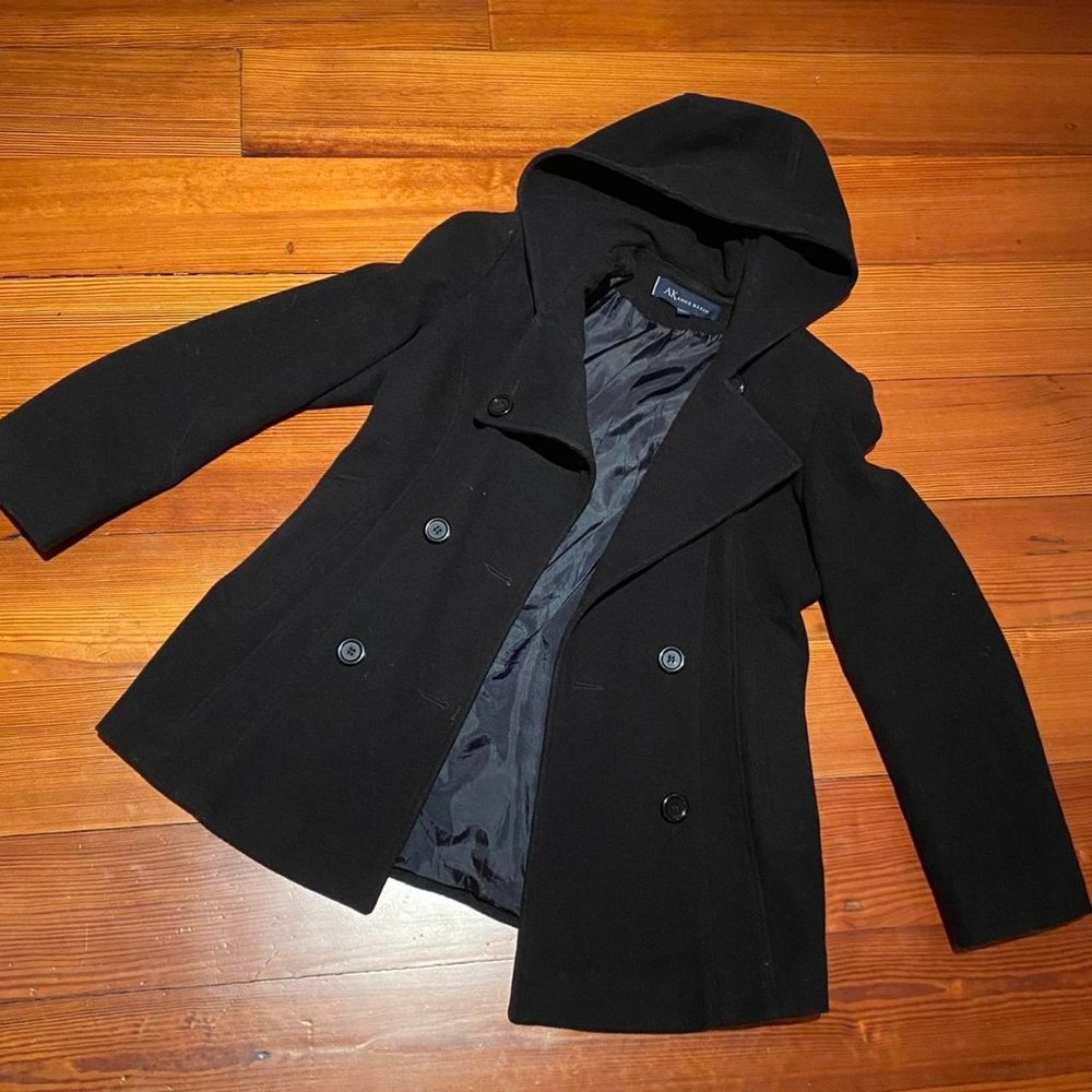 ANNE KLEIN hooded black wool peacoat button up with pockets – so so warm!